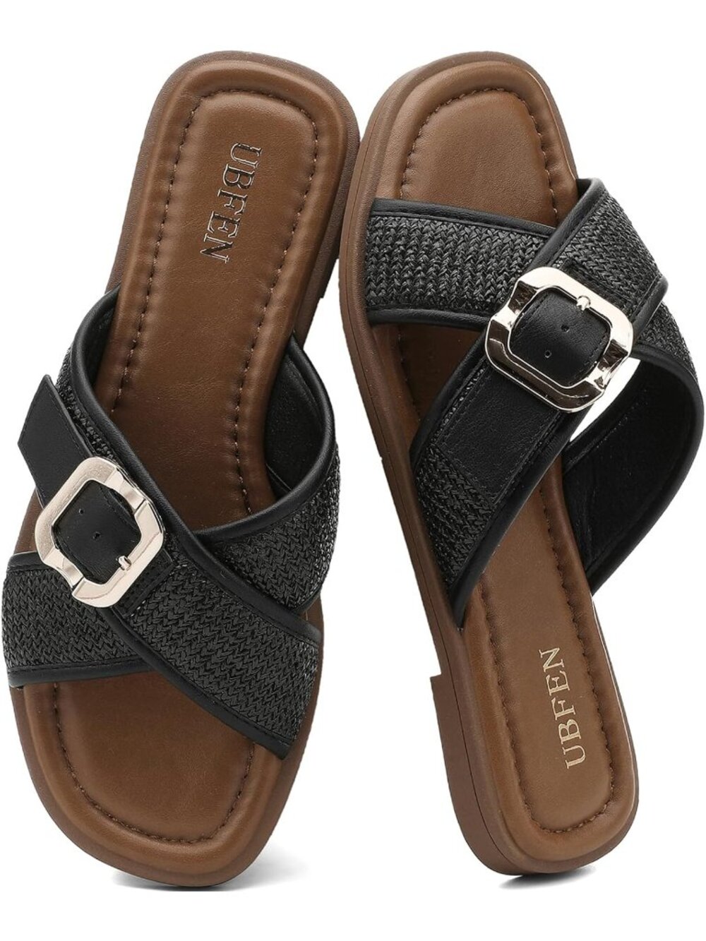 Women's Black Comfortable Cushion Insole Slip On Slides Square Toe Flat Sandals